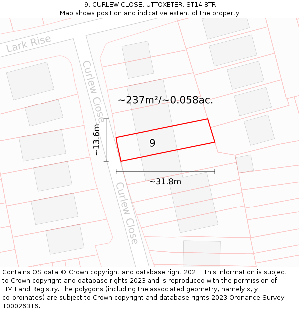 9, CURLEW CLOSE, UTTOXETER, ST14 8TR: Plot and title map