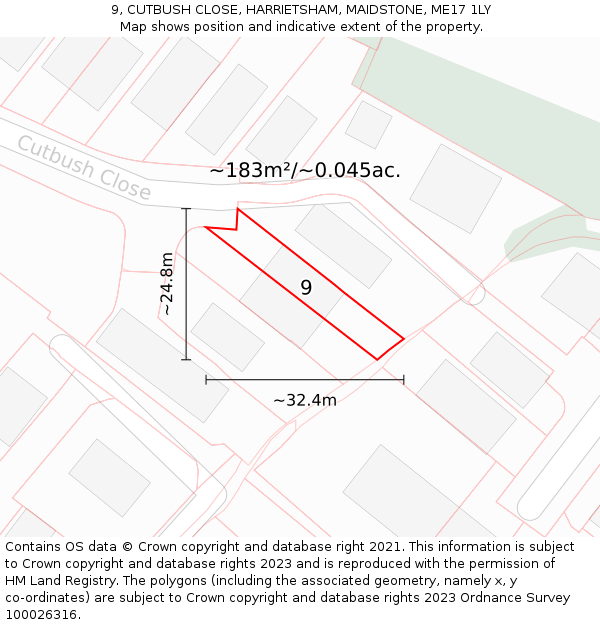 9, CUTBUSH CLOSE, HARRIETSHAM, MAIDSTONE, ME17 1LY: Plot and title map