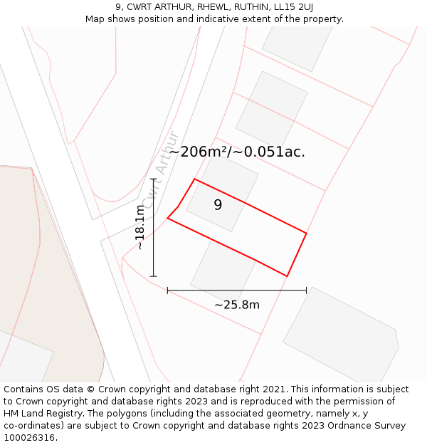 9, CWRT ARTHUR, RHEWL, RUTHIN, LL15 2UJ: Plot and title map