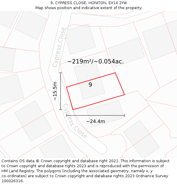 9, CYPRESS CLOSE, HONITON, EX14 2YW: Plot and title map
