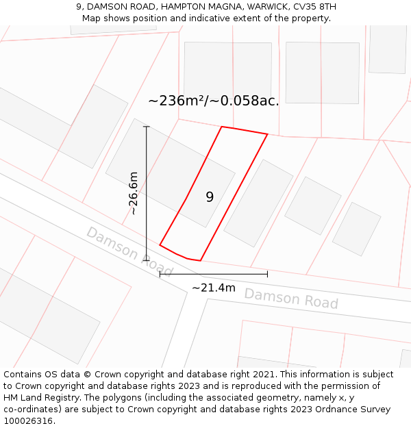 9, DAMSON ROAD, HAMPTON MAGNA, WARWICK, CV35 8TH: Plot and title map