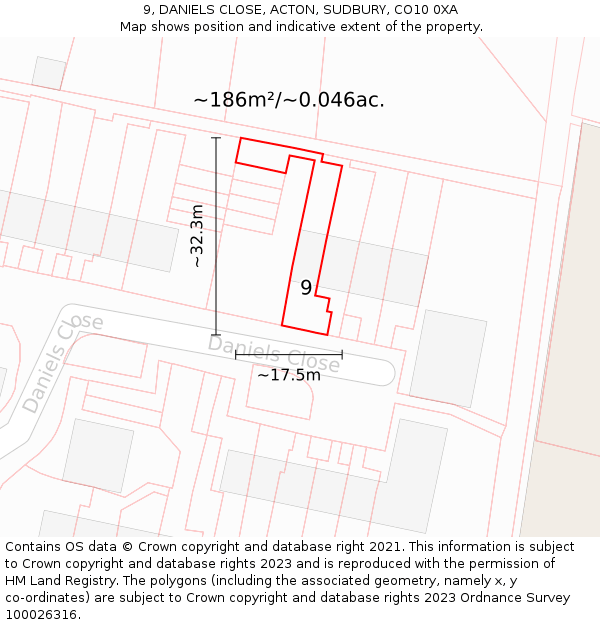 9, DANIELS CLOSE, ACTON, SUDBURY, CO10 0XA: Plot and title map