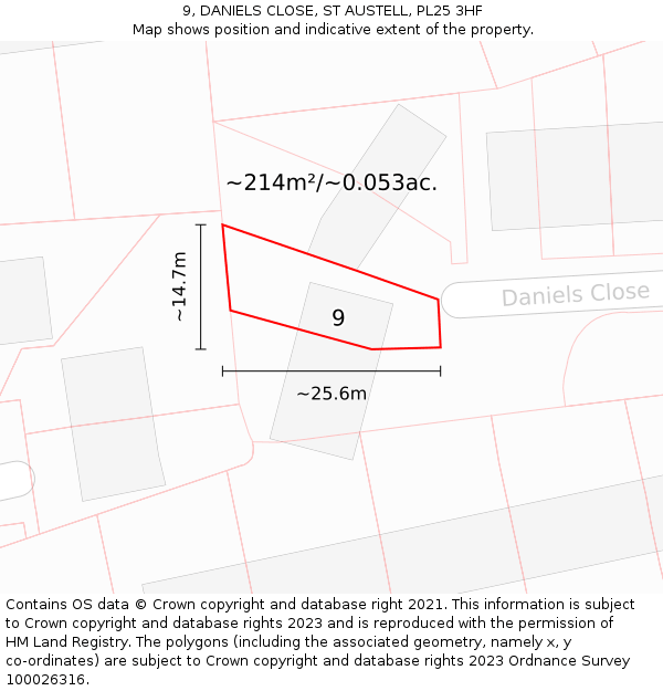 9, DANIELS CLOSE, ST AUSTELL, PL25 3HF: Plot and title map