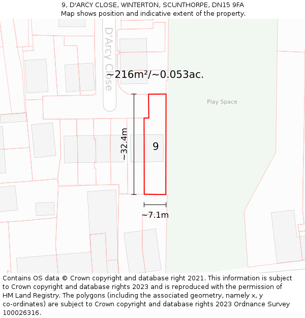 9, D'ARCY CLOSE, WINTERTON, SCUNTHORPE, DN15 9FA: Plot and title map