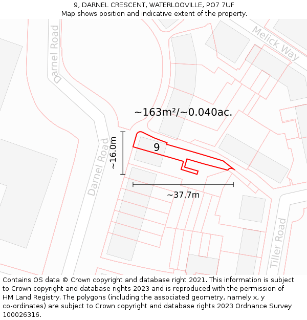 9, DARNEL CRESCENT, WATERLOOVILLE, PO7 7UF: Plot and title map