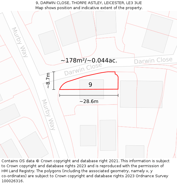 9, DARWIN CLOSE, THORPE ASTLEY, LEICESTER, LE3 3UE: Plot and title map