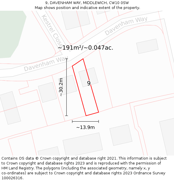 9, DAVENHAM WAY, MIDDLEWICH, CW10 0SW: Plot and title map