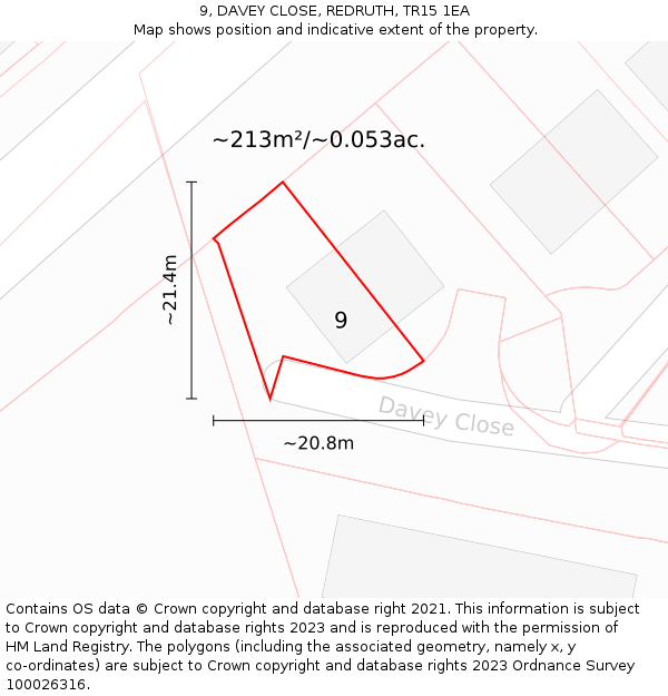 9, DAVEY CLOSE, REDRUTH, TR15 1EA: Plot and title map