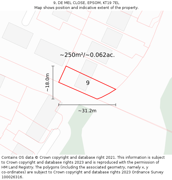 9, DE MEL CLOSE, EPSOM, KT19 7EL: Plot and title map