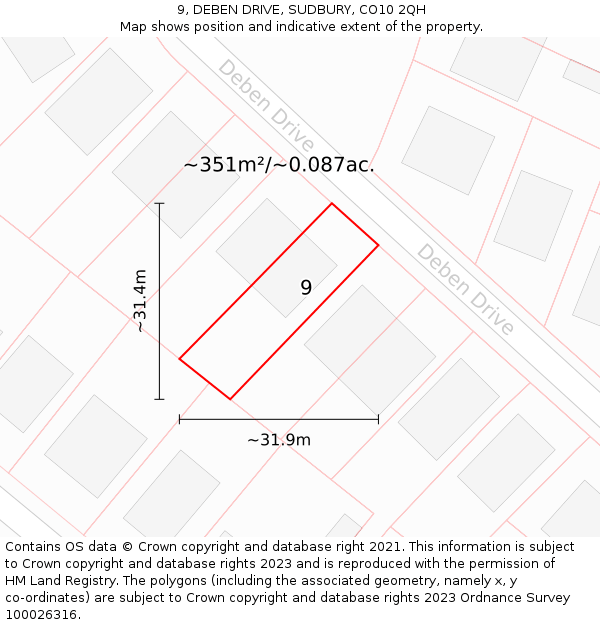 9, DEBEN DRIVE, SUDBURY, CO10 2QH: Plot and title map