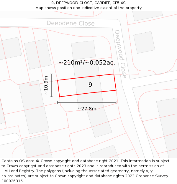 9, DEEPWOOD CLOSE, CARDIFF, CF5 4SJ: Plot and title map