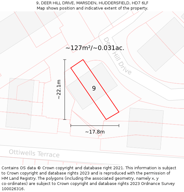 9, DEER HILL DRIVE, MARSDEN, HUDDERSFIELD, HD7 6LF: Plot and title map