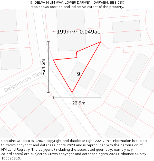 9, DELPHINIUM WAY, LOWER DARWEN, DARWEN, BB3 0SX: Plot and title map