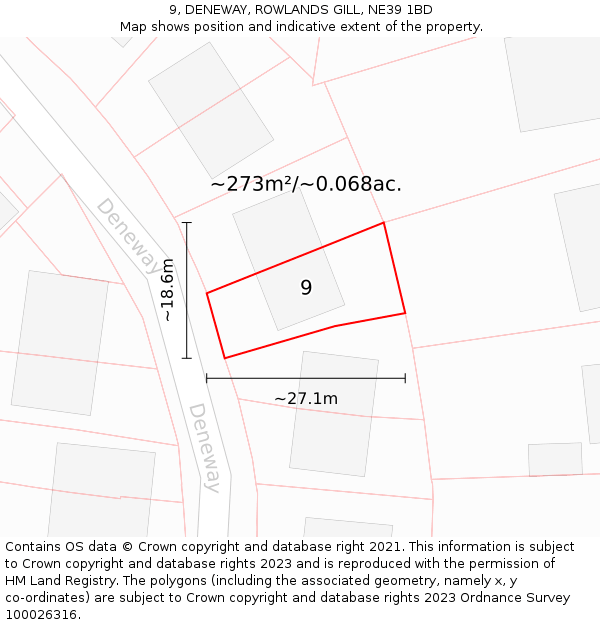 9, DENEWAY, ROWLANDS GILL, NE39 1BD: Plot and title map