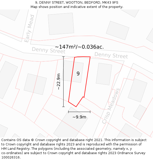 9, DENNY STREET, WOOTTON, BEDFORD, MK43 9FS: Plot and title map
