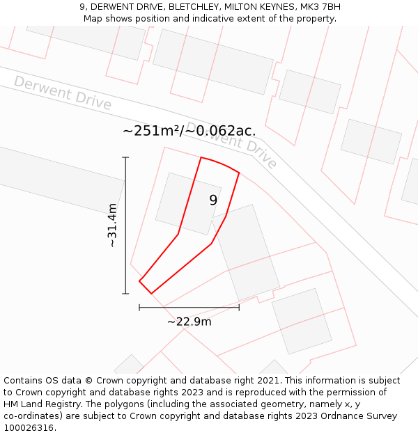 9, DERWENT DRIVE, BLETCHLEY, MILTON KEYNES, MK3 7BH: Plot and title map
