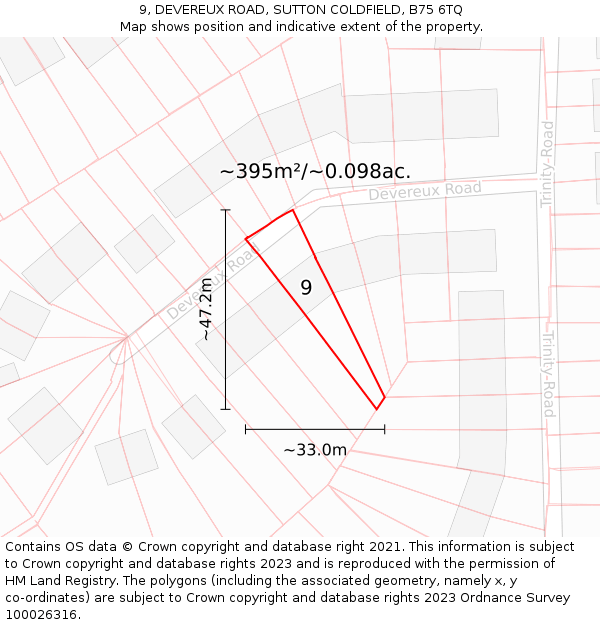 9, DEVEREUX ROAD, SUTTON COLDFIELD, B75 6TQ: Plot and title map