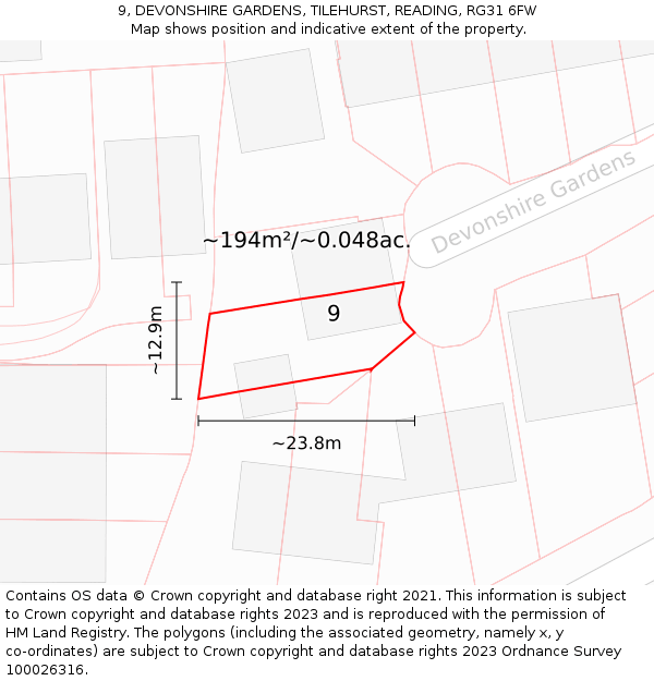 9, DEVONSHIRE GARDENS, TILEHURST, READING, RG31 6FW: Plot and title map