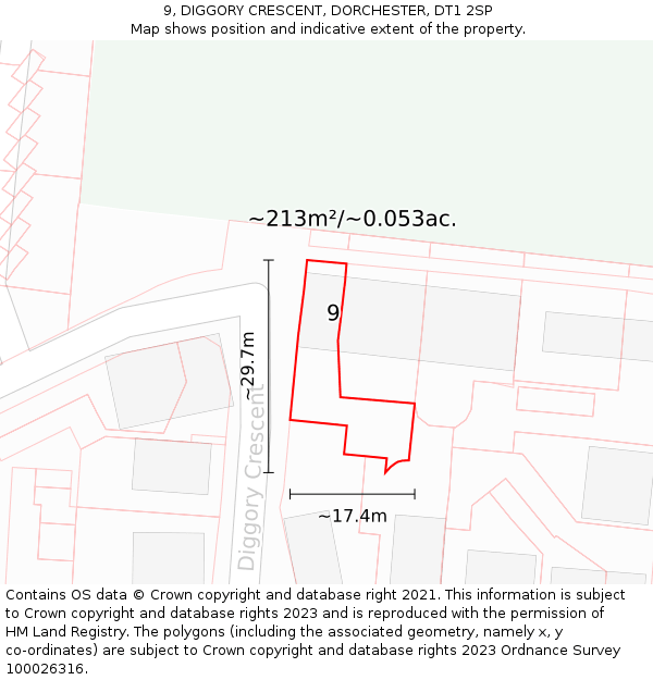 9, DIGGORY CRESCENT, DORCHESTER, DT1 2SP: Plot and title map