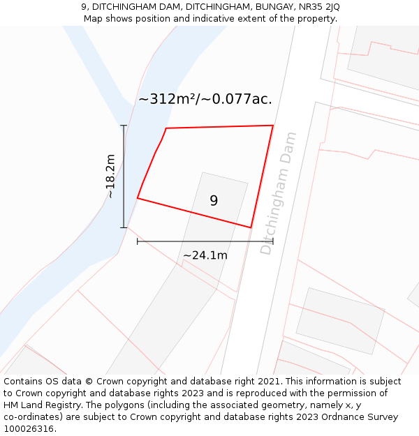 9, DITCHINGHAM DAM, DITCHINGHAM, BUNGAY, NR35 2JQ: Plot and title map