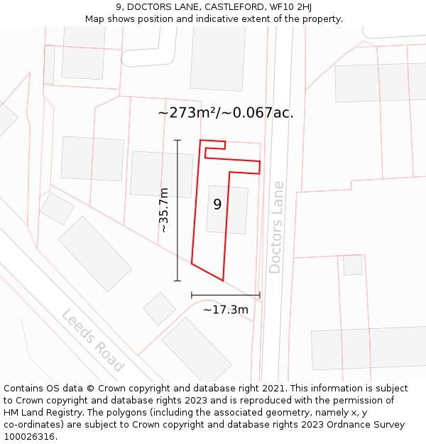 9, DOCTORS LANE, CASTLEFORD, WF10 2HJ: Plot and title map