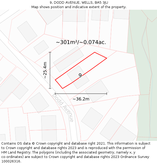 9, DODD AVENUE, WELLS, BA5 3JU: Plot and title map