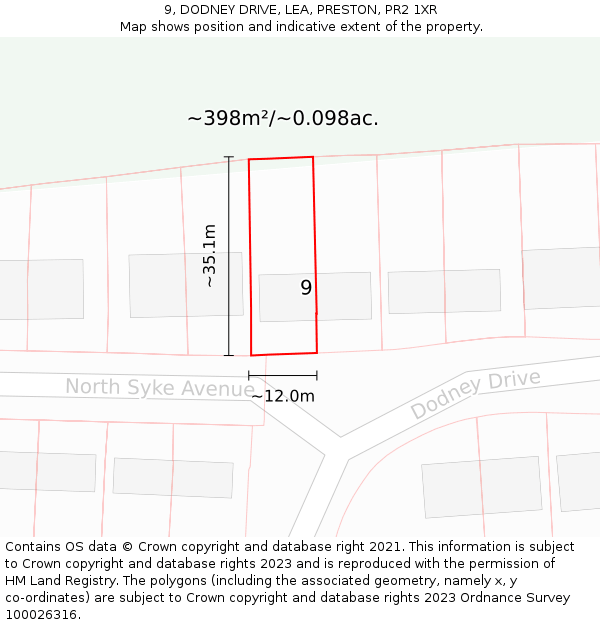 9, DODNEY DRIVE, LEA, PRESTON, PR2 1XR: Plot and title map