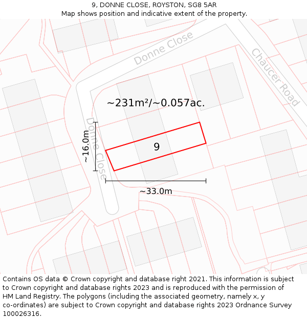 9, DONNE CLOSE, ROYSTON, SG8 5AR: Plot and title map
