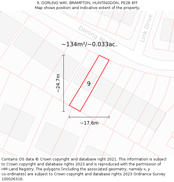 9, DORLING WAY, BRAMPTON, HUNTINGDON, PE28 4FF: Plot and title map