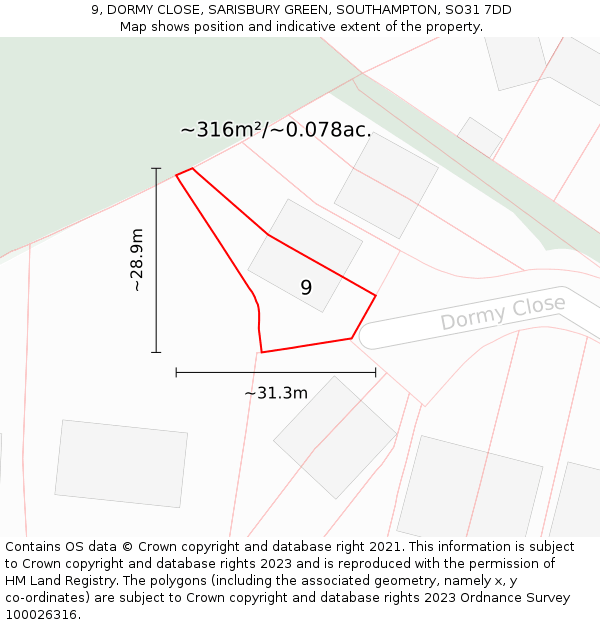 9, DORMY CLOSE, SARISBURY GREEN, SOUTHAMPTON, SO31 7DD: Plot and title map
