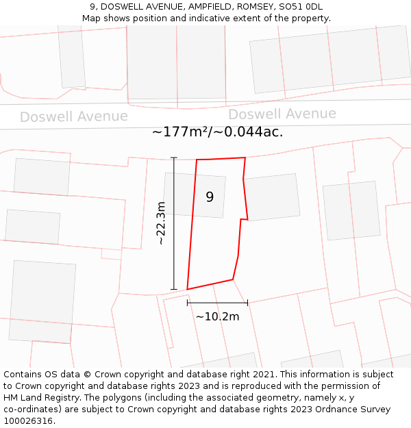 9, DOSWELL AVENUE, AMPFIELD, ROMSEY, SO51 0DL: Plot and title map