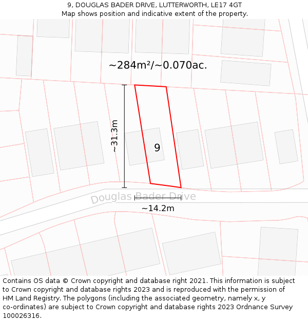 9, DOUGLAS BADER DRIVE, LUTTERWORTH, LE17 4GT: Plot and title map