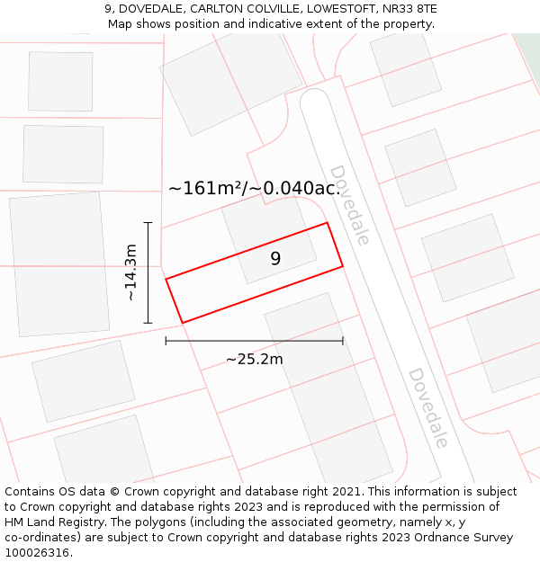 9, DOVEDALE, CARLTON COLVILLE, LOWESTOFT, NR33 8TE: Plot and title map