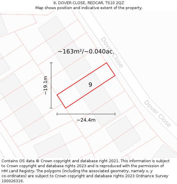 9, DOVER CLOSE, REDCAR, TS10 2QZ: Plot and title map