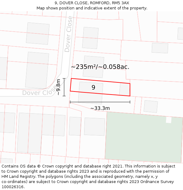 9, DOVER CLOSE, ROMFORD, RM5 3AX: Plot and title map