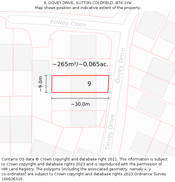 9, DOVEY DRIVE, SUTTON COLDFIELD, B76 1YW: Plot and title map