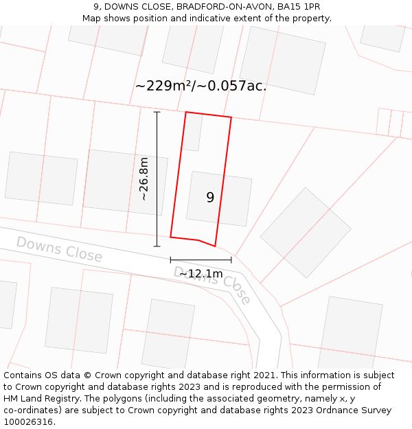 9, DOWNS CLOSE, BRADFORD-ON-AVON, BA15 1PR: Plot and title map