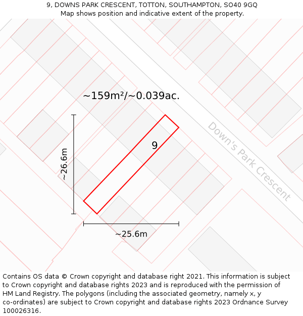 9, DOWNS PARK CRESCENT, TOTTON, SOUTHAMPTON, SO40 9GQ: Plot and title map