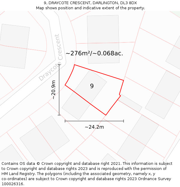 9, DRAYCOTE CRESCENT, DARLINGTON, DL3 8DX: Plot and title map