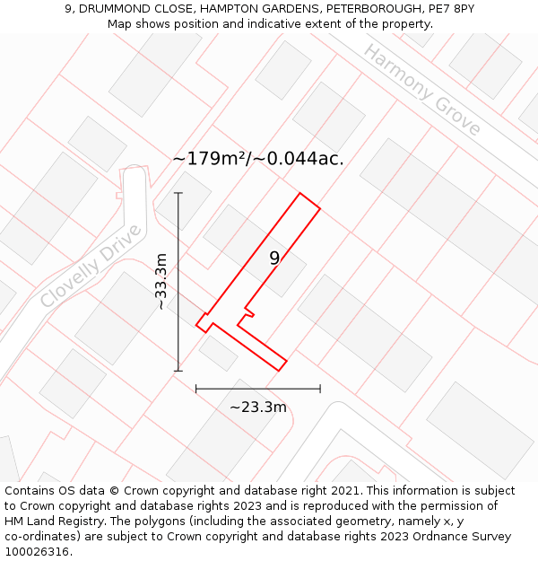 9, DRUMMOND CLOSE, HAMPTON GARDENS, PETERBOROUGH, PE7 8PY: Plot and title map
