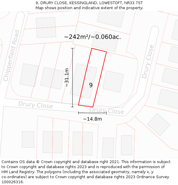 9, DRURY CLOSE, KESSINGLAND, LOWESTOFT, NR33 7ST: Plot and title map