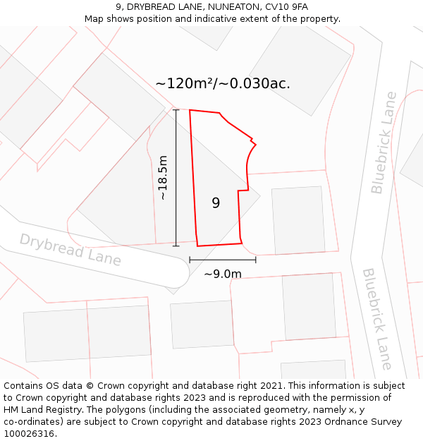 9, DRYBREAD LANE, NUNEATON, CV10 9FA: Plot and title map
