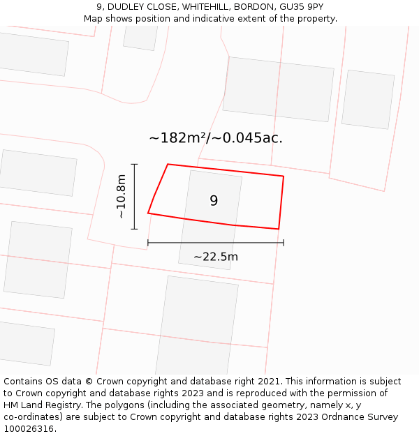 9, DUDLEY CLOSE, WHITEHILL, BORDON, GU35 9PY: Plot and title map