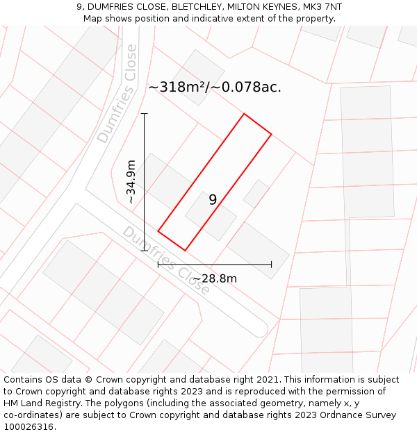 9, DUMFRIES CLOSE, BLETCHLEY, MILTON KEYNES, MK3 7NT: Plot and title map