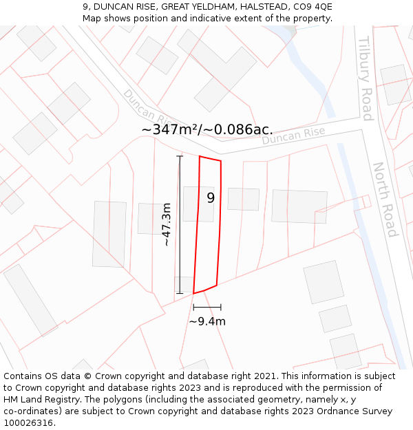 9, DUNCAN RISE, GREAT YELDHAM, HALSTEAD, CO9 4QE: Plot and title map