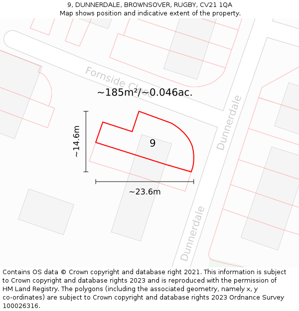 9, DUNNERDALE, BROWNSOVER, RUGBY, CV21 1QA: Plot and title map