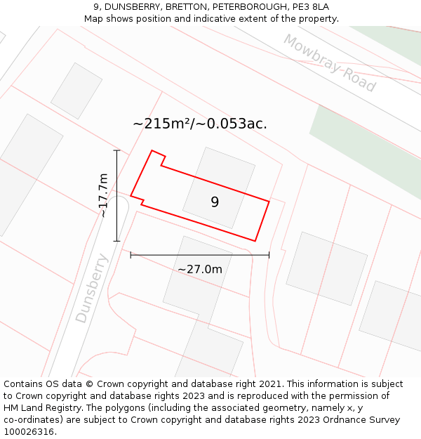 9, DUNSBERRY, BRETTON, PETERBOROUGH, PE3 8LA: Plot and title map