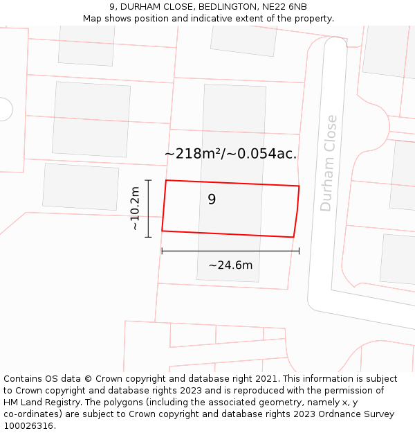 9, DURHAM CLOSE, BEDLINGTON, NE22 6NB: Plot and title map