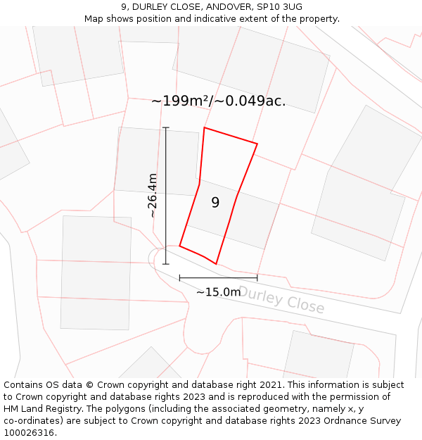 9, DURLEY CLOSE, ANDOVER, SP10 3UG: Plot and title map