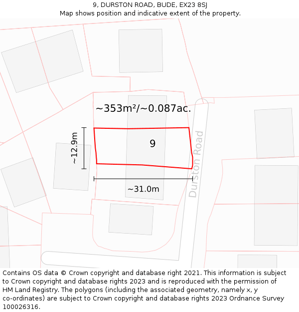 9, DURSTON ROAD, BUDE, EX23 8SJ: Plot and title map